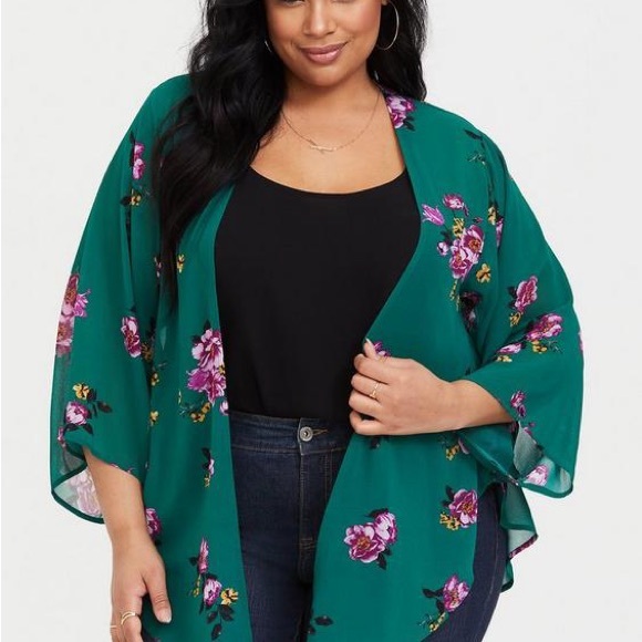 torrid Sweaters - Torrid Green Floral Chiffon Kimono.